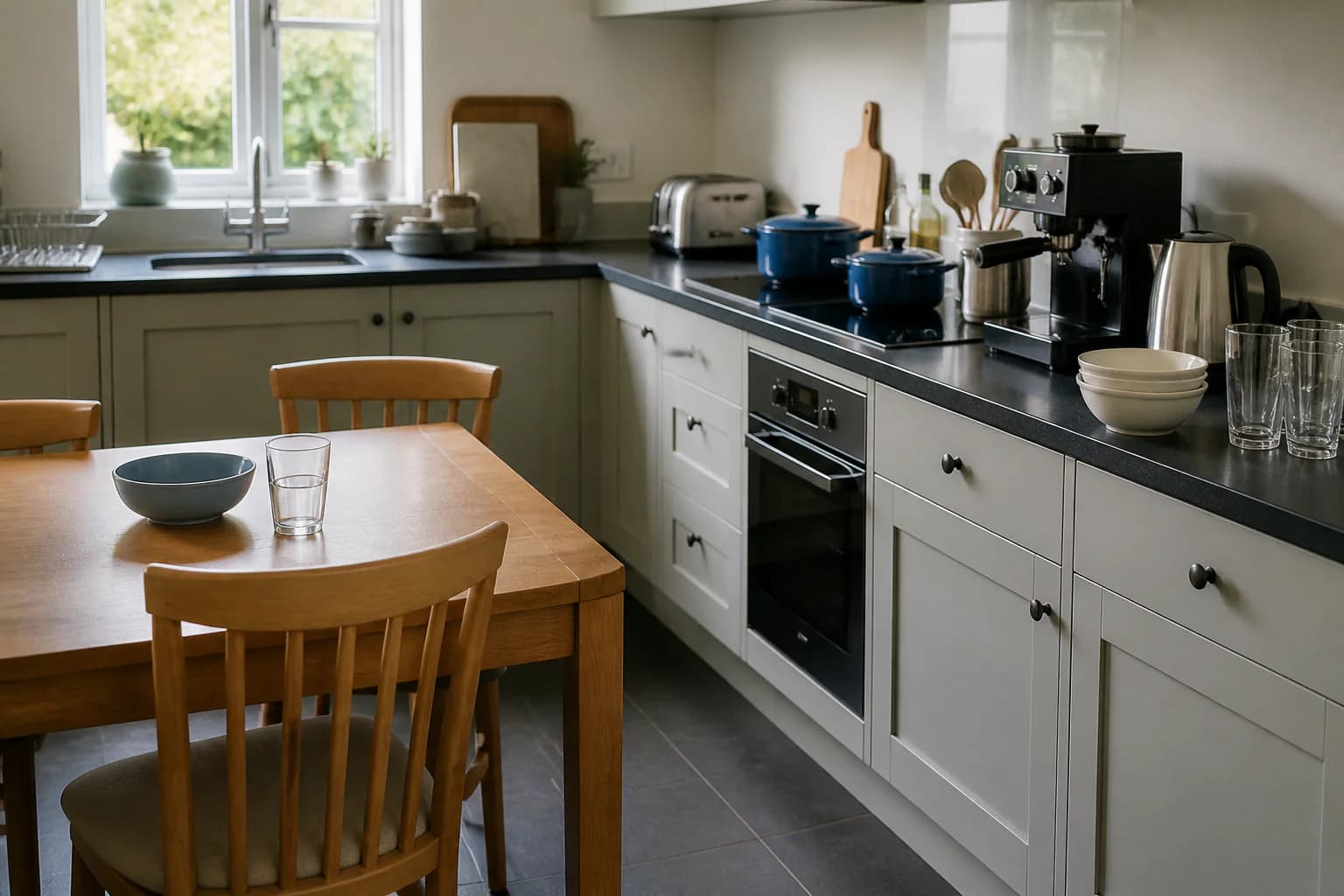A shared kitchen with an espresso machine, blue cookware, glassware and dining chairs ready to be inventoried.