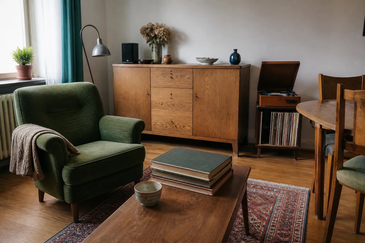 A living room with a green armchair, oak sideboard, record player and photo albums ready to be inventoried.