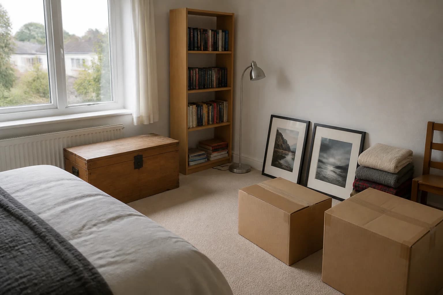 A spare bedroom with a wooden storage chest, bookshelf, reading lamp, framed prints and moving boxes ready to be inventoried.
